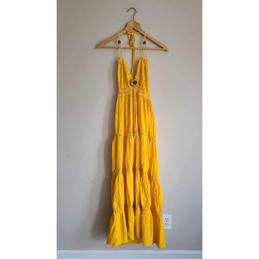 Boho Yellow Halter Maxi Dress Tiered‎ Gauze Crochet Lace Trim Sun Dress Women S